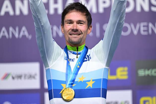 Slovenia s Primoz Roglic celebrates on the podium after winning the Men Elite Individual Time Trial race (22km) at the cycling UEC Road European Championships, in Ljubljana, Slovenia, on Wednesday 7 October 2026. The UEC Road European Championships are taking place from 02 to 07 October in Ljubljana, Slovenia. DAVIDxPINTENS x189071249x