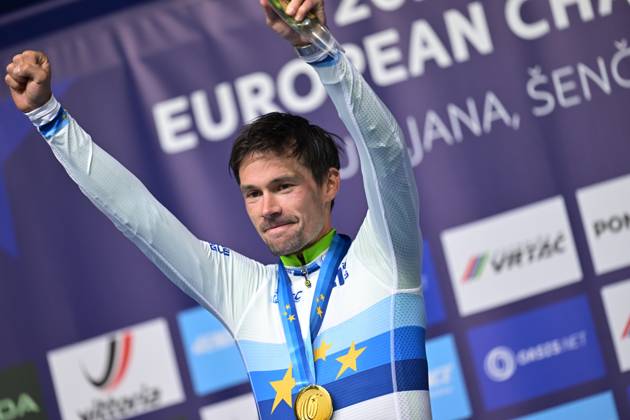 Slovenia s Primoz Roglic celebrates on the podium after winning the Men Elite Individual Time Trial race (22km) at the cycling UEC Road European Championships, in Ljubljana, Slovenia, on Wednesday 7 October 2026. The UEC Road European Championships are taking place from 02 to 07 October in Ljubljana, Slovenia. DAVIDxPINTENS x189071488x
