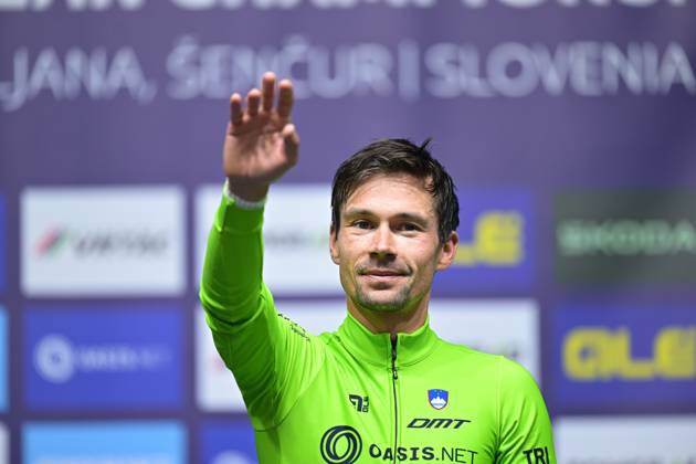 Slovenia s Primoz Roglic celebrates on the podium after winning the Men Elite Individual Time Trial race (22km) at the cycling UEC Road European Championships, in Ljubljana, Slovenia, on Wednesday 7 October 2026. The UEC Road European Championships are taking place from 02 to 07 October in Ljubljana, Slovenia. DAVIDxPINTENS x189071697x