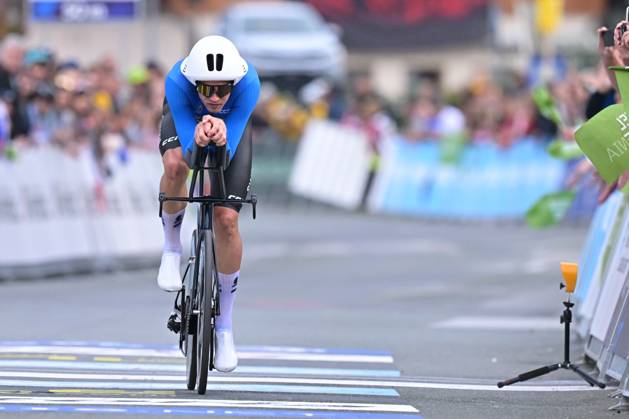 Sweden s Jakob Soderqvist crosses the finish line of the Men Elite Individual Time Trial race (22km) at the cycling UEC Road European Championships, in Ljubljana, Slovenia, on Wednesday 7 October 2026. The UEC Road European Championships are taking place from 02 to 07 October in Ljubljana, Slovenia. DAVIDxPINTENS  x189071936x