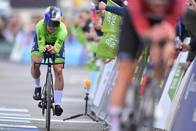 Slovenia s Primoz Roglic crosses the finish line to win the Men Elite Individual Time Trial race (22km) at the cycling UEC Road European Championships, in Ljubljana, Slovenia, on Wednesday 7 October 2026. The UEC Road European Championships are taking place from 02 to 07 October in Ljubljana, Slovenia. DAVIDxPINTENS x189072242x