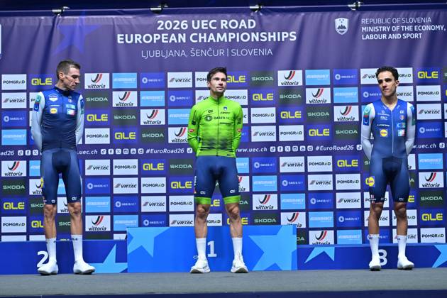 France s Bruno Armirail; Slovenia s Primoz Roglic and France s Maxime Decomble celebrate on the podium of the Men Elite Individual Time Trial race (22km) at the cycling UEC Road European Championships, in Ljubljana, Slovenia, on Wednesday 7 October 2026. The UEC Road European Championships are taking place from 02 to 07 October in Ljubljana, Slovenia. DAVIDxPINTENS x189072330x