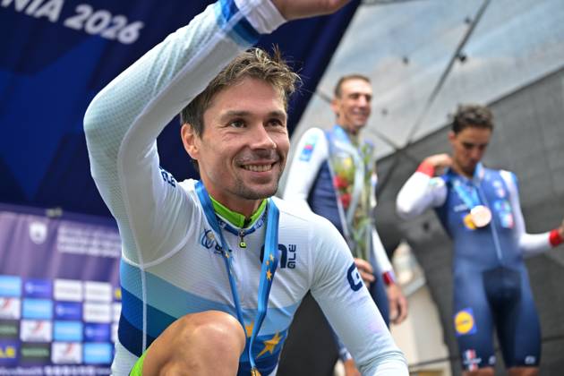 Slovenia s Primoz Roglic celebrates on the podium after winning the Men Elite Individual Time Trial race (22km) at the cycling UEC Road European Championships, in Ljubljana, Slovenia, on Wednesday 7 October 2026. The UEC Road European Championships are taking place from 02 to 07 October in Ljubljana, Slovenia. DAVIDxPINTENS x189074702x