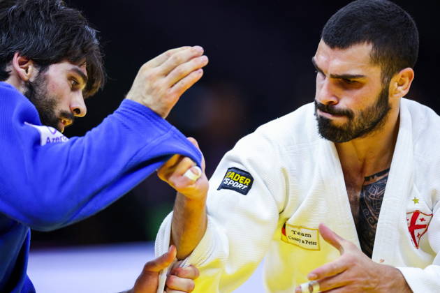 AZERBAIJAN, BAKU - OCTOBER 7, 2026: Zelim Tckaev (R) of Azerbaijan and Tato Grigalashvili of Georgia compete in their -81 kg bout as part of the 2026 World Judo Championships at the National Gymnastics Arena 2026 World Judo Championships In Baku  - ZUMAt113 20261007_zaa_t113_491 Copyright: xMikhailxSinitsynx