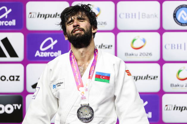 AZERBAIJAN, BAKU - OCTOBER 7, 2026: 2nd placed Zelim Tckaev of Azerbaijan attends an award ceremony for the men s -81 kg category during the 2026 World Judo Championships at the National Gymnastics Arena. Mikhail Sinitsyn TASS 98916486