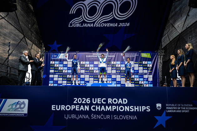 ARMIRAIL Bruno, ROGLIÄa Primož - ROGLIC Primoz, DECOMBLE Maxime: UEC Road cycling, Rad, Radsport, Strasse European Championships - Ljubljana 2026 ARMIRAIL Bruno ( FRA ) - France - Second Place - ROGLIÄa Primož - ROGLIC Primoz ( SLO ) Slovenia Winner - First Place DECOMBLE Maxime ( FRA ) - France - Third Place - Award Ceremony Medal Ceremony Podium - Querformat - quer - horizontal - Landscape - Event Veranstaltung: UEC Road Cycling European Championships 2026 Ljubljana - Category Kategorie: Cycling - Road Cycling European Championships - Individual Time Trail Elite Men - Location Ort: Europe Slovenia - Sencur - Å enÄur - Discipline: Individual Time Trail ( ITT ) - Distance: 22 km - Date Datum: 07.10.2026 Wednesday Day 5 -