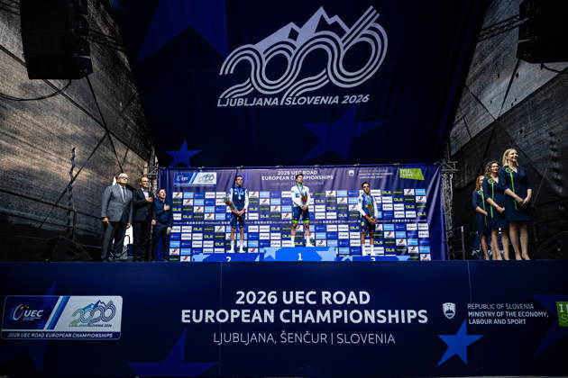 ARMIRAIL Bruno, ROGLIÄa Primož - ROGLIC Primoz, DECOMBLE Maxime: UEC Road cycling, Rad, Radsport, Strasse European Championships - Ljubljana 2026 ARMIRAIL Bruno ( FRA ) - France - Second Place - ROGLIÄa Primož - ROGLIC Primoz ( SLO ) Slovenia Winner - First Place DECOMBLE Maxime ( FRA ) - France - Third Place - Award Ceremony Medal Ceremony Podium - Querformat - quer - horizontal - Landscape - Event Veranstaltung: UEC Road Cycling European Championships 2026 Ljubljana - Category Kategorie: Cycling - Road Cycling European Championships - Individual Time Trail Elite Men - Location Ort: Europe Slovenia - Sencur - Å enÄur - Discipline: Individual Time Trail ( ITT ) - Distance: 22 km - Date Datum: 07.10.2026 Wednesday Day 5 -