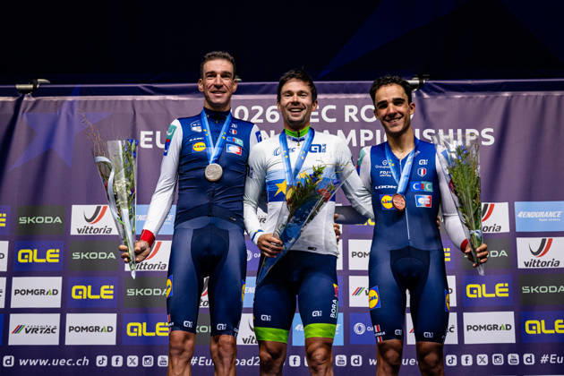ARMIRAIL Bruno, ROGLIÄa Primož - ROGLIC Primoz, DECOMBLE Maxime: UEC Road cycling, Rad, Radsport, Strasse European Championships - Ljubljana 2026 ARMIRAIL Bruno ( FRA ) - France - Second Place - ROGLIÄa Primož - ROGLIC Primoz ( SLO ) Slovenia Winner - First Place DECOMBLE Maxime ( FRA ) - France - Third Place - Award Ceremony Medal Ceremony Podium - Querformat - quer - horizontal - Landscape - Event Veranstaltung: UEC Road Cycling European Championships 2026 Ljubljana - Category Kategorie: Cycling - Road Cycling European Championships - Individual Time Trail Elite Men - Location Ort: Europe Slovenia - Sencur - Å enÄur - Discipline: Individual Time Trail ( ITT ) - Distance: 22 km - Date Datum: 07.10.2026 Wednesday Day 5 -