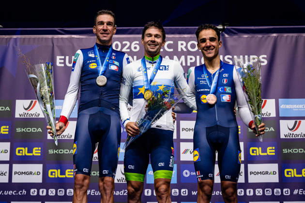 ARMIRAIL Bruno, ROGLIÄa Primož - ROGLIC Primoz, DECOMBLE Maxime: UEC Road cycling, Rad, Radsport, Strasse European Championships - Ljubljana 2026 ARMIRAIL Bruno ( FRA ) - France - Second Place - ROGLIÄa Primož - ROGLIC Primoz ( SLO ) Slovenia Winner - First Place DECOMBLE Maxime ( FRA ) - France - Third Place - Award Ceremony Medal Ceremony Podium - Querformat - quer - horizontal - Landscape - Event Veranstaltung: UEC Road Cycling European Championships 2026 Ljubljana - Category Kategorie: Cycling - Road Cycling European Championships - Individual Time Trail Elite Men - Location Ort: Europe Slovenia - Sencur - Å enÄur - Discipline: Individual Time Trail ( ITT ) - Distance: 22 km - Date Datum: 07.10.2026 Wednesday Day 5 -