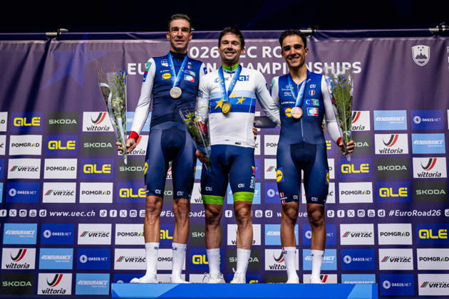 ARMIRAIL Bruno, ROGLIÄa Primož - ROGLIC Primoz, DECOMBLE Maxime: UEC Road cycling, Rad, Radsport, Strasse European Championships - Ljubljana 2026 ARMIRAIL Bruno ( FRA ) - France - Second Place - ROGLIÄa Primož - ROGLIC Primoz ( SLO ) Slovenia Winner - First Place DECOMBLE Maxime ( FRA ) - France - Third Place - Award Ceremony Medal Ceremony Podium - Querformat - quer - horizontal - Landscape - Event Veranstaltung: UEC Road Cycling European Championships 2026 Ljubljana - Category Kategorie: Cycling - Road Cycling European Championships - Individual Time Trail Elite Men - Location Ort: Europe Slovenia - Sencur - Å enÄur - Discipline: Individual Time Trail ( ITT ) - Distance: 22 km - Date Datum: 07.10.2026 Wednesday Day 5 -