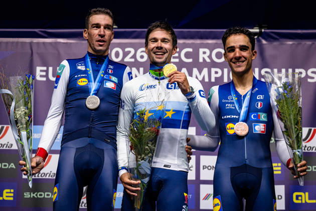 ARMIRAIL Bruno, ROGLIÄa Primož - ROGLIC Primoz, DECOMBLE Maxime: UEC Road cycling, Rad, Radsport, Strasse European Championships - Ljubljana 2026 ARMIRAIL Bruno ( FRA ) - France - Second Place - ROGLIÄa Primož - ROGLIC Primoz ( SLO ) Slovenia Winner - First Place DECOMBLE Maxime ( FRA ) - France - Third Place - Award Ceremony Medal Ceremony Podium - Querformat - quer - horizontal - Landscape - Event Veranstaltung: UEC Road Cycling European Championships 2026 Ljubljana - Category Kategorie: Cycling - Road Cycling European Championships - Individual Time Trail Elite Men - Location Ort: Europe Slovenia - Sencur - Å enÄur - Discipline: Individual Time Trail ( ITT ) - Distance: 22 km - Date Datum: 07.10.2026 Wednesday Day 5 -