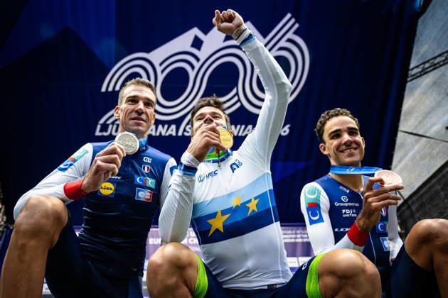 ARMIRAIL Bruno, ROGLIÄa Primož - ROGLIC Primoz, DECOMBLE Maxime: UEC Road cycling, Rad, Radsport, Strasse European Championships - Ljubljana 2026 ARMIRAIL Bruno ( FRA ) - France - Second Place - ROGLIÄa Primož - ROGLIC Primoz ( SLO ) Slovenia Winner - First Place DECOMBLE Maxime ( FRA ) - France - Third Place - Award Ceremony Medal Ceremony Podium - Querformat - quer - horizontal - Landscape - Event Veranstaltung: UEC Road Cycling European Championships 2026 Ljubljana - Category Kategorie: Cycling - Road Cycling European Championships - Individual Time Trail Elite Men - Location Ort: Europe Slovenia - Sencur - Å enÄur - Discipline: Individual Time Trail ( ITT ) - Distance: 22 km - Date Datum: 07.10.2026 Wednesday Day 5 -
