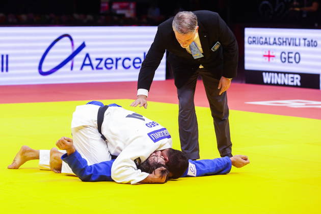 AZERBAIJAN, BAKU - OCTOBER 7, 2026: Tato Grigalashvili (L) of Georgia and Zelim Tckaev of Azerbaijan compete in their -81 kg bout as part of the 2026 World Judo Championships at the National Gymnastics Arena 2026 World Judo Championships In Baku - ZUMAt113 20261007_zaa_t113_524 Copyright: xMikhailxSinitsynx