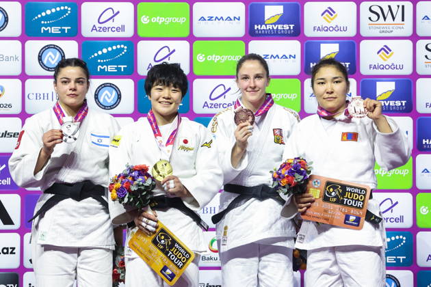 AZERBAIJAN, BAKU - OCTOBER 7, 2026: 2nd placed Kerem Primo of Israel, 1st placed Haruka Kaju of Japan, 3rd placed Renata Zachova of the Czech Republic, and 3rd placed Lkhagvatogoogiin Enkhriilen (L-R) of Mongolia attend an award ceremony for the women s -63 kg category during the 2026 World Judo Championships at the National Gymnastics Arena. Mikhail Sinitsyn TASS 98918240