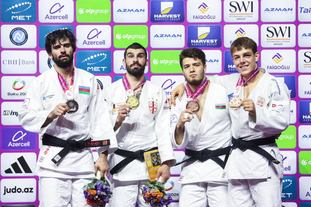 AZERBAIJAN, BAKU - OCTOBER 7, 2026: 2nd placed Zelim Tckaev of Azerbaijan, 1st placed Tato Grigalashvili of Georgia, 3rd placed Omar Radzhabli of Azerbaijan and Mihajlo Simin (L-R) of Serbia pose during an award ceremony for the men s -81 kg category during the 2026 World Judo Championships at the National Gymnastics Arena 2026 World Judo Championships In Baku - ZUMAt113 20261007_zaa_t113_540 Copyright: xMikhailxSinitsynx