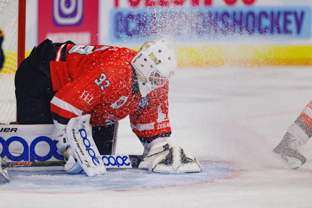 COLOGNE, GERMANY - 7 OCTOBER 2026: Image shows save of Nico Wiens (Kölner Haie, 33) during Champions Hockey League 2026 27 League Phase, Matchday 5: Kölner Haie vs Herning Blue Fox at LANXESS arena on 7 10 2026 in Cologne, Germany. Germany Copyright: xFröhlichxPascalx