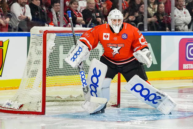 Eishockey CHL 5. Spieltag Kölner Haie - Herning Blue Fox am 07.10.2026 in der Lanxess Arena in Köln Nico Wiens ( Köln ), der 3. Torhüter kam heute zu seinem Debut