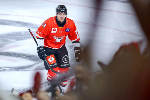 07.10.2026, Eishockey, CHL, Kölner Haie - Blue Fox Herning, Champions Hockey League 2026 27, 5. Spieltag, Saison 2026 27, Lanxess-Arena Köln: Torjubel nach dem Tor zum 3:0 durch Torschütze Patrick Russell (Koelner Haie 63) Nordrhein-Westfalen Deutschland