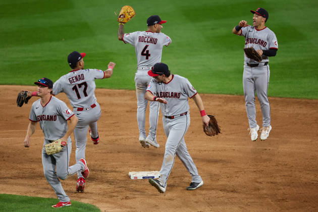 October 7, 2026, Chicago, Illinois, USA: Cleveland Guardians players celebrate after defeating the Chicago White Sox, 9-3, in Game 3 of the American League Division Series at Rate Field in Chicago. The White Sox lead the series, 2-1. Chicago USA - ZUMAm67_ 20261007_zaf_m67_002 Copyright: xArmandoxL.xSanchezx