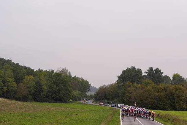 The pack rides during the 110th edition of the Gran Piemonte 2026 a 185 km one day race from Asti to Bra on October 08, 2026, Italy. Copyright: xFabioxFerrari LaPressex