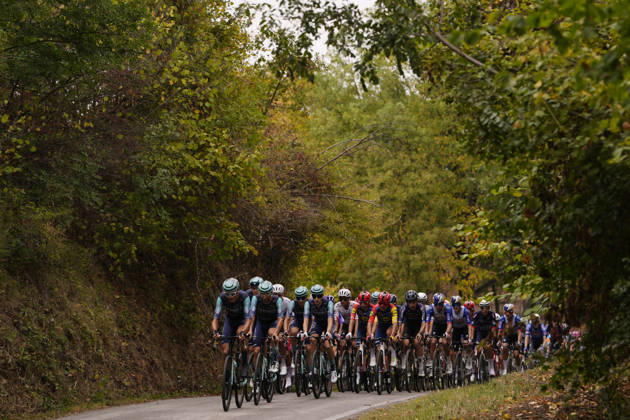 The pack rides during the 110th edition of the Gran Piemonte 2026 a 185 km one day race from Asti to Bra on October 08, 2026, Italy. Copyright: xFabioxFerrari LaPressex