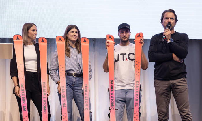 ALPINE SKIING - Atomic Media Day 2026 ALTENMARKT,AUSTRIA,08.OCT.26 - ALPINE SKIING - Atomic Media Day. Image shows Mirjam Puchner, Christina Ager, Daniel Danklmaier and race director Christian Hoeflehner (Atomic). GEPAxpictures xHaraldxSteiner