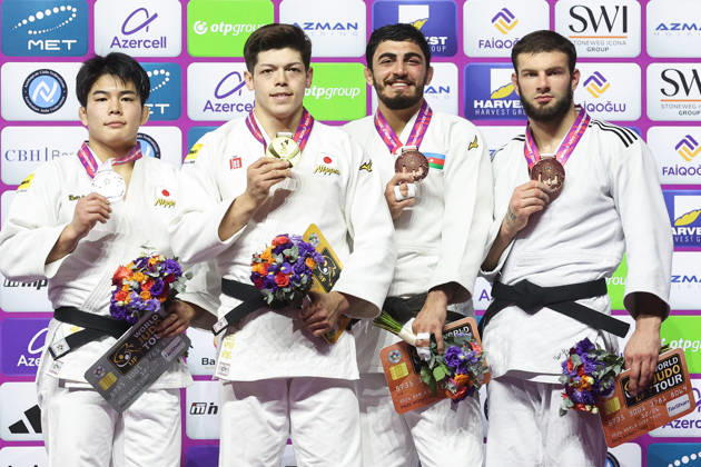 AZERBAIJAN, BAKU - OCTOBER 8, 2026: 2nd placed Goki Tajima of Japan, 1st placed Sanshiro Murao of Japan, 3rd placed Murad Fatiyev of Azerbaijan and Boris Rutovic (L-R) of Serbia pose during an award ceremony for the men s -90 kg category as part of the 2026 World Judo Championships at the National Gymnastics Arena. Mikhail Sinitsyn TASS 98956879