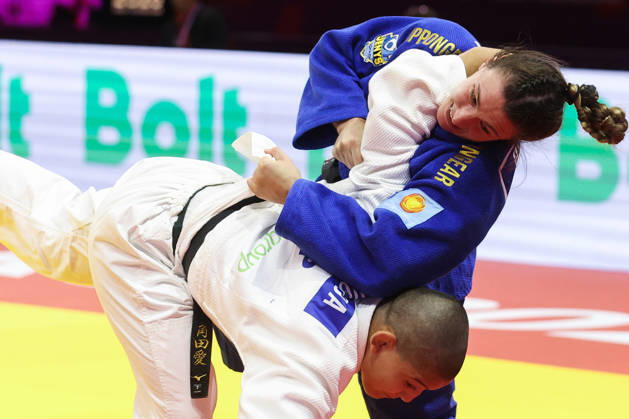 AZERBAIJAN, BAKU - OCTOBER 8, 2026: Michaela Polleres (top) of Austria and Ai Tsunoda Roustant of Spain compete in their -70 kg bout as part of the 2026 World Judo Championships at the National Gymnastics Arena. Mikhail Sinitsyn TASS 98957468