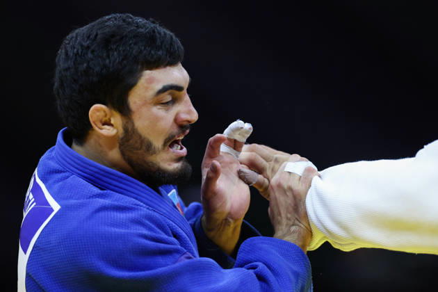 AZERBAIJAN, BAKU - OCTOBER 8, 2026: Murad Fatiyev of Azerbaijan is pictured during a -90 kg bout against Nemanja Majdov of Serbia as part of the 2026 World Judo Championships at the National Gymnastics Arena. Mikhail Sinitsyn TASS 98958133