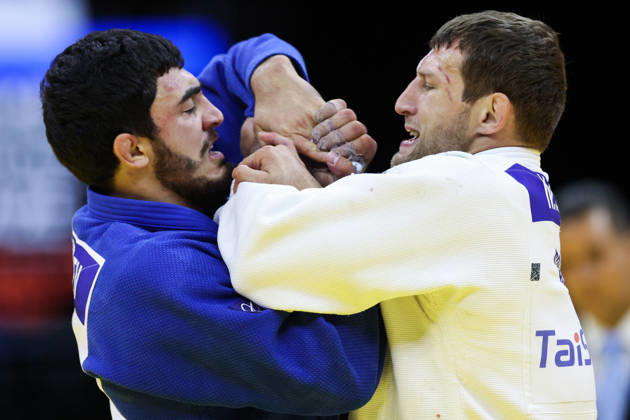 AZERBAIJAN, BAKU - OCTOBER 8, 2026: Murad Fatiyev (L) of Azerbaijan and Nemanja Majdov of Serbia compete in their -90 kg bout as part of the 2026 World Judo Championships at the National Gymnastics Arena. Mikhail Sinitsyn TASS 98958139