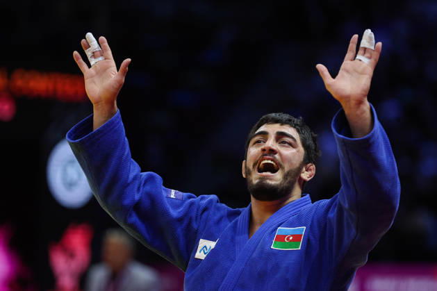 AZERBAIJAN, BAKU - OCTOBER 8, 2026: Murad Fatiyev of Azerbaijan celebrates his victory after a -90 kg bout against Nemanja Majdov of Serbia as part of the 2026 World Judo Championships at the National Gymnastics Arena. Mikhail Sinitsyn TASS 98958145