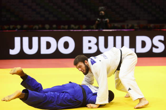 AZERBAIJAN, BAKU - OCTOBER 8, 2026: Maxime-Gael Ngayap Hambou (bottom) of France and Boris Rutovic of Serbia compete in their -90 kg bout as part of the 2026 World Judo Championships at the National Gymnastics Arena. Mikhail Sinitsyn TASS 98958497