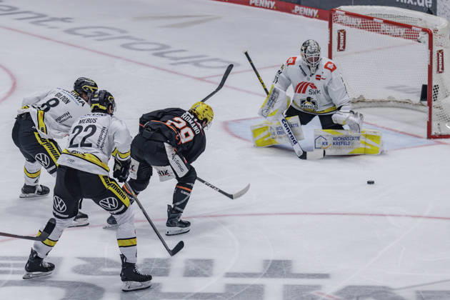 PEnny DEL: Löwen Frankfurt - Krefeld Pinguine, 08.10.2026 Anthony Romano (Löwen Frankfurt 29) unter Druck von Oliver Mebus (Krefeld Pinguine 22)und Max Gildon (Krefeld Pinguine 8), Löwen Frankfurt - Krefeld Pinguine, Frankfurt, NIX Eissporthalle, 8.10.2026 Copyright: xBEAUTIFULxSPORTS Gawlikx