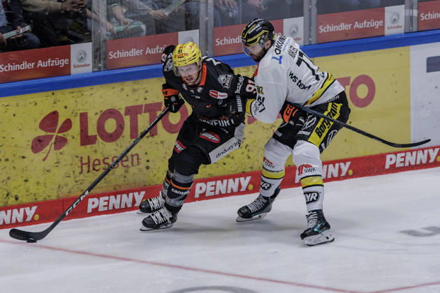 PEnny DEL: Löwen Frankfurt - Krefeld Pinguine, 08.10.2026 Austin Wagner (Löwen Frankfurt 91) und Mick Köhler (Krefeld Pinguine 77) kämpfen u mden Puck, Löwen Frankfurt - Krefeld Pinguine, Frankfurt, NIX Eissporthalle, 8.10.2026 Copyright: xBEAUTIFULxSPORTS Gawlikx