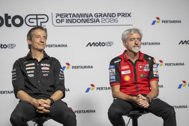 MOTO - MOTO GP - GRAND PRIX OF INDONESIA 2026 Rivola Massimo (ita), CEO Aprilia Racing, portrait with Dall Igna Luigi (ita), General Manager of Ducati Corse, presse conference during the 2026 MotoGP Pertamina Grand Prix of Indonesia on the Mandalika circuit from October 9 to 11, at West Nusa Tenggara, Indonesia - West Nusa TenggaraIndonesia Copyright: xGIGIxSOLDANOx