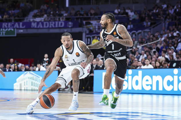 October 8, 2026, Madrid, Madrid, Spain: Nick Smith Jr. of Real Madrid and Carlik Jones of Partizan Mozzart Bet Belgrade in action during the Euroleague Basketball Regular Season Round 4 game between Real Madrid v Partizan Mozzart Bet Belgrade at Movistar Arena on October 08, 2026 in Madrid, Spain. Madrid Spain - ZUMAa181 20261008_zaa_a181_239 Copyright: xIrinaxR.xHipolitox