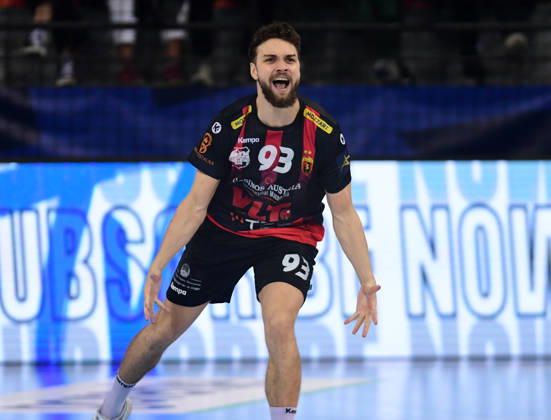 EHF CHAMPIONS LEAGUE. Matteo Fadhuile from HC Vardar celebrates during EHF Champiosn League group phase match between HC Vardar and HC Orlen Wisla Plock in Skopje, North Macedonia, October 19 2026.IMAGo PETR STOJANOVSKI