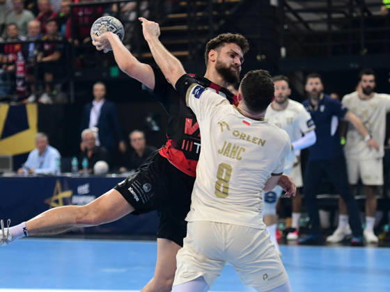 EHF CHAMPIONS LEAGUE. Matteo Fadhuile from HC Vardar and Blaz Janc from HC Orlen Wisla Plock during EHF Champiosn League group phase match between HC Vardar and HC Orlen
