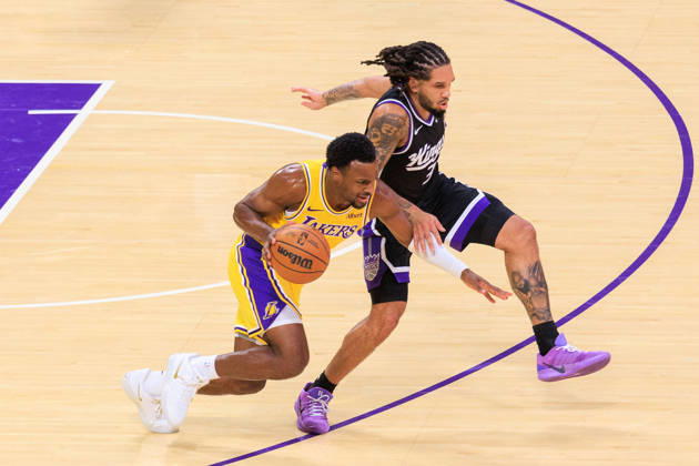 October 8, 2026, Los Angeles, California, USA: Bronny James 9 of the Los Angeles Lakers tries to drive past Emanuel Sharp 34 of the Sacramento Kings during a preseason NBA, Basketball Herren, USA game on Thursday October 8, 2026 at Crypto.com Arena in Los Angeles, California. JAVIER ROJAS PI Lakers Vs. Kings  - ZUMAp124 20261008_zaa_p124_010 Copyright: xJavierxRojasx