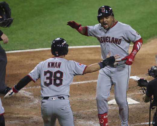October 8, 2026, Chicago, Illinois, USA: The Cleveland Guardians JOSE RAMIREZ celebrates his two-run home run in the fifth inning against the Chicago White Sox in Game 4 of the American League Division Series at Rate Field in Chicago. MLB, Baseball Herren, USA 2026: ALDS Game 4: Guardians 9:5 White Sox  - ZUMAm67_ 20261008_zaf_m67_007 Copyright: xBrianxCassellax