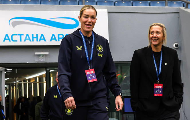 2027 FIFA Women s World Cup Round One Qualifying Play-off First Leg, Astana Arena, Astana, Kazakhstan 9 10 2026 Kazakhstan vs Republic of Ireland Ireland goalkeeping coach Emma Byrne and Head Coach Carla Ward before the game Emma Byrne and Carla Ward before the game 9 10 2026 Copyright: xx BSNK6478