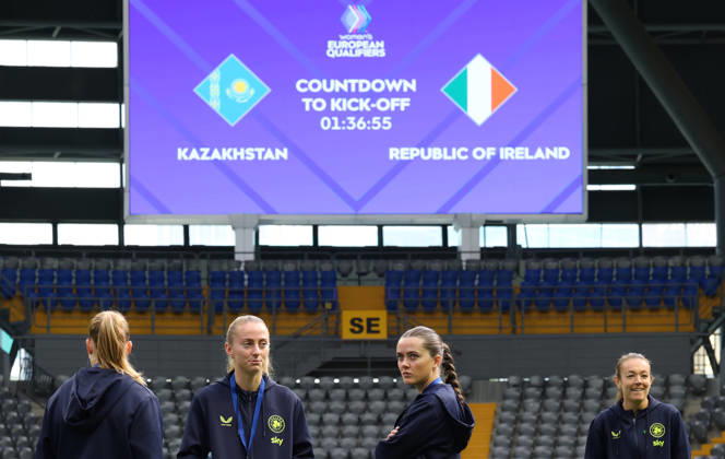 2027 FIFA Women s World Cup Round One Qualifying Play-off First Leg, Astana Arena, Astana, Kazakhstan 9 10 2026 Kazakhstan vs Republic of Ireland Ireland™s Aoibheann Clancy and Tyler Toland before the game Aoibheann Clancy and Tyler Toland before the game 9 10 2026 Copyright: xx BSNK6498