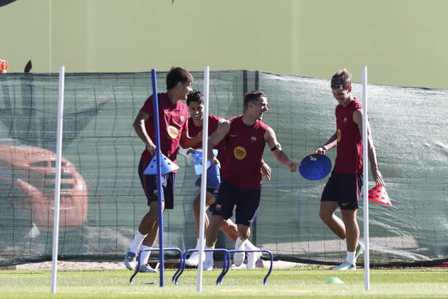 October 9, 2026, Sant Joan Despi, Barcelona, Spain: Gavi, Dani Olmo, Joao Cancelo and Brian Farinas during the training day of FC Barcelona, Barca ahead the Spanish League, Laliga EA Sports, football match against Getafe CF at Ciudad Esportiva Joan Gamper on October 09, 2026 in Sant Joan Despi, Barcelona, Spain. FC Barcelona Training And press conference, PK, Pressekonferenz - LaLiga EA Sports - ZUMAa181 20261009_zaa_a181_001 Copyright: xJavierxBorregox