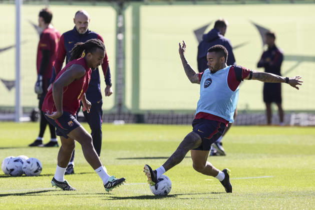 October 9, 2026, Sant Joan Despi, Barcelona, Spain: Jules Kounde and Gabriel Jesus during the training day of FC Barcelona, Barca ahead the Spanish League, Laliga EA Sports, football match against Getafe CF at Ciudad Esportiva Joan Gamper on October 09, 2026 in Sant Joan Despi, Barcelona, Spain. FC Barcelona Training And press conference, PK, Pressekonferenz - LaLiga EA Sports - ZUMAa181 20261009_zaa_a181_016 Copyright: xJavierxBorregox
