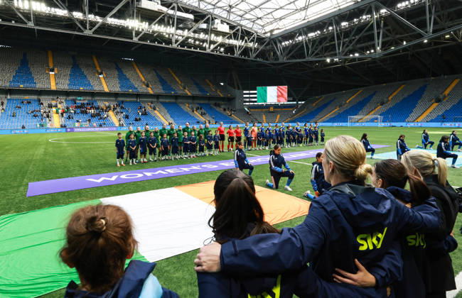 2027 FIFA Women s World Cup Round One Qualifying Play-off First Leg, Astana Arena, Astana, Kazakhstan 9 10 2026 Kazakhstan vs Republic of Ireland The two teams stand for the national anthems The two teams stand for the national anthems 9 10 2026 Copyright: xx BASN3290