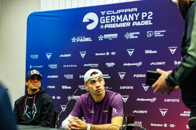 DÜSSELDORF, GERMANY - 9 OCTOBER 2026: Image shows press conference, PK, Pressekonferenz with Juan Lebron (ESP) and Leandro Roman Augsburger (ARG) during CUPRA Germany Premier Padel P2 2026 Day 6: Quarterfinals at CASTELLO Düsseldorf on 9 10 2026 in Düsseldorf, Germany. Germany Copyright: xFröhlichxPascalx