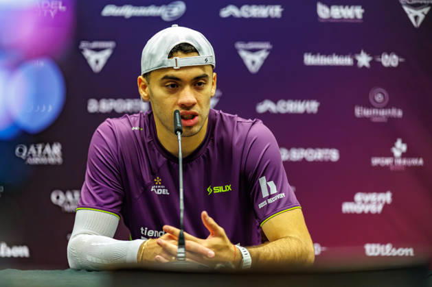 DÜSSELDORF, GERMANY - 9 OCTOBER 2026: Image shows press conference, PK, Pressekonferenz with Leandro Roman Augsburger (ARG) during CUPRA Germany Premier Padel P2 2026 Day 6: Quarterfinals at CASTELLO Düsseldorf on 9 10 2026 in Düsseldorf, Germany. Germany Copyright: xFröhlichxPascalx