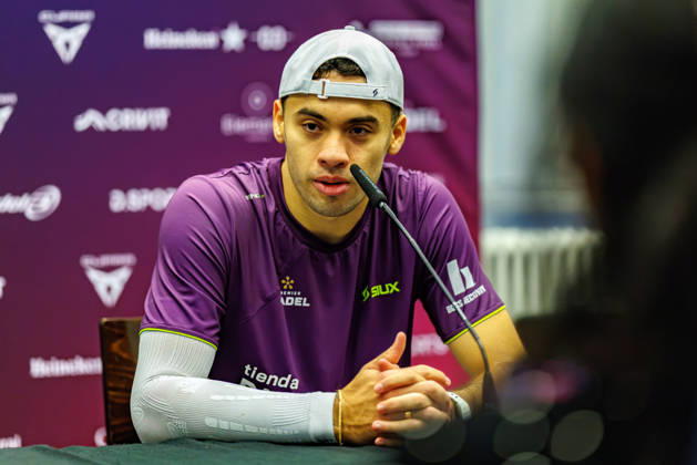 DÜSSELDORF, GERMANY - 9 OCTOBER 2026: Image shows press conference, PK, Pressekonferenz with Leandro Roman Augsburger (ARG) during CUPRA Germany Premier Padel P2 2026 Day 6: Quarterfinals at CASTELLO Düsseldorf on 9 10 2026 in Düsseldorf, Germany. Germany Copyright: xFröhlichxPascalx