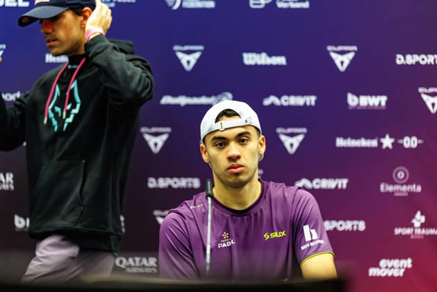DÜSSELDORF, GERMANY - 9 OCTOBER 2026: Image shows press conference, PK, Pressekonferenz with Juan Lebron (ESP) and Leandro Roman Augsburger (ARG) during CUPRA Germany Premier Padel P2 2026 Day 6: Quarterfinals at CASTELLO Düsseldorf on 9 10 2026 in Düsseldorf, Germany. Germany Copyright: xFröhlichxPascalx