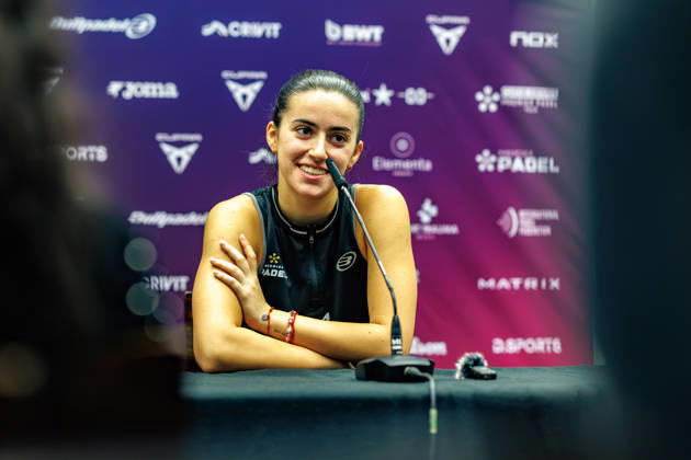 DÜSSELDORF, GERMANY - 9 OCTOBER 2026: Image shows press conference, PK, Pressekonferenz with Claudia Fernandez Sanchez (ESP) during CUPRA Germany Premier Padel P2 2026 Day 6: Quarterfinals at CASTELLO Düsseldorf on 9 10 2026 in Düsseldorf, Germany. Germany Copyright: xFröhlichxPascalx